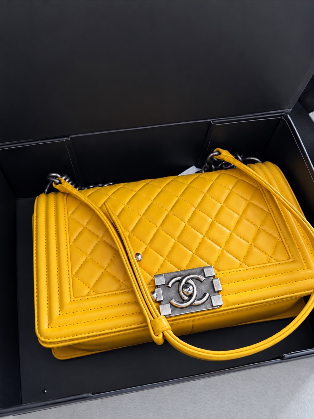 Authentic Chanel Boy Old Medium Mustard Yellow Lambskin Ruthenium 2014 Recolored
